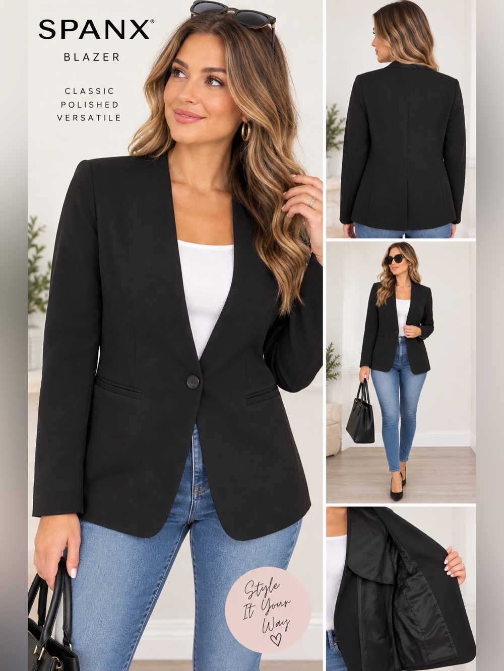 SPANX Black One Button Blazer Jacket LG Women’s Tailored Career